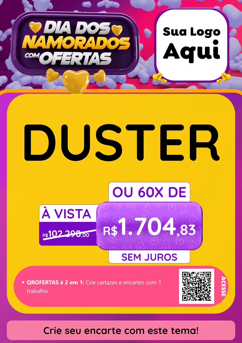 Modelo de Cartaz para Cartaz A4 Vertical com o tema Dia Dos Namorados Com Ofertas para Concessionaria de Carros
