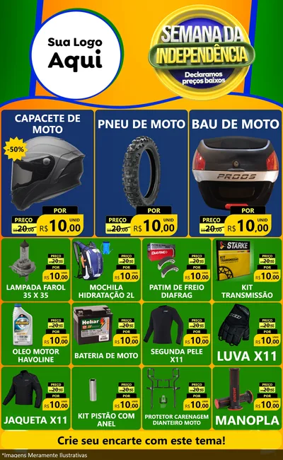 Modelo de Encarte para Encarte Grande com o tema Semana da Independência Declaramos Preços Baixos para Moto peças