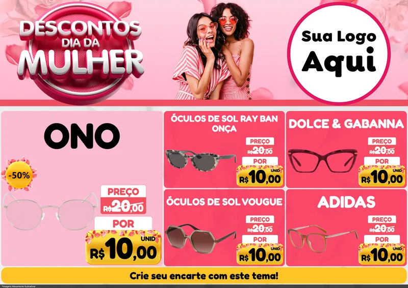 Modelo de Encarte para Encarte A4 Horizontal com o tema Descontos Dia da Mulher para Óticas