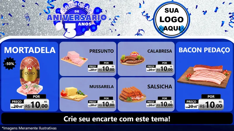 Modelo de TV para TV Horizontal com o tema Promoção de Aniversário - 3 Anos para Frios e Laticínios