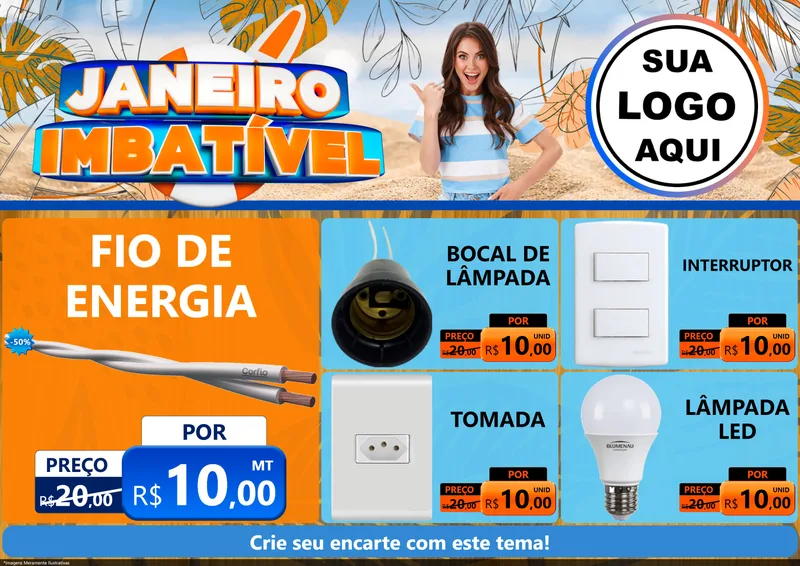 Modelo de Encarte para Encarte A4 Horizontal com o tema Janeiro Imbatível para Materiais Elétricos