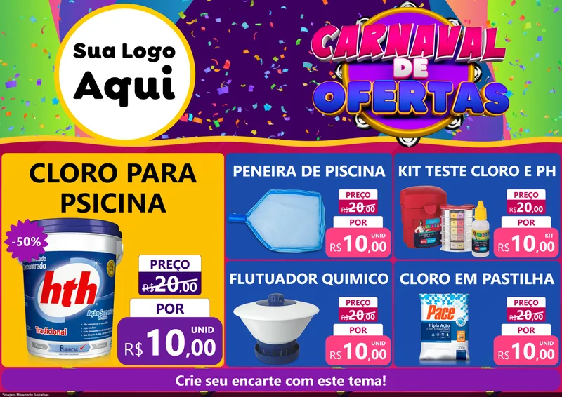 Modelo de Encarte para Encarte A4 Horizontal com o tema Carnaval de Ofertas para Produtos para Piscina