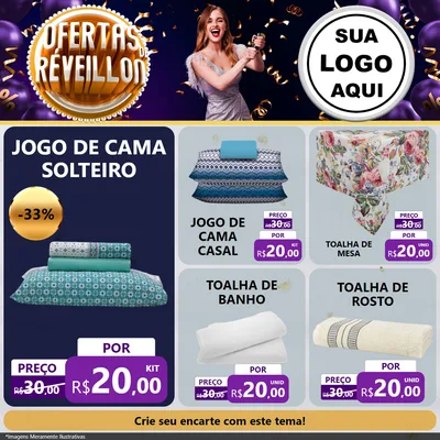 Modelo de Rede Social para Feed Facebook com o tema Ofertas de Réveillon para Cama, Mesa e Banho