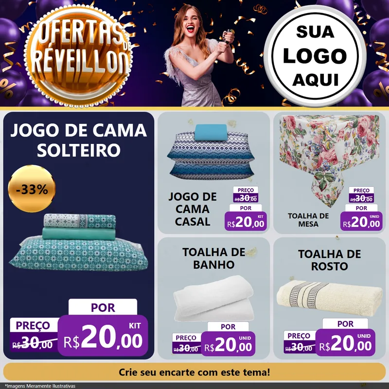 Modelo de Rede Social para Feed Facebook com o tema Ofertas de Réveillon para Cama, Mesa e Banho