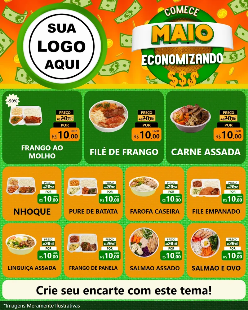 Modelo de Rede Social para Feed Instagram com o tema Comece Maio Economizando para Restaurante