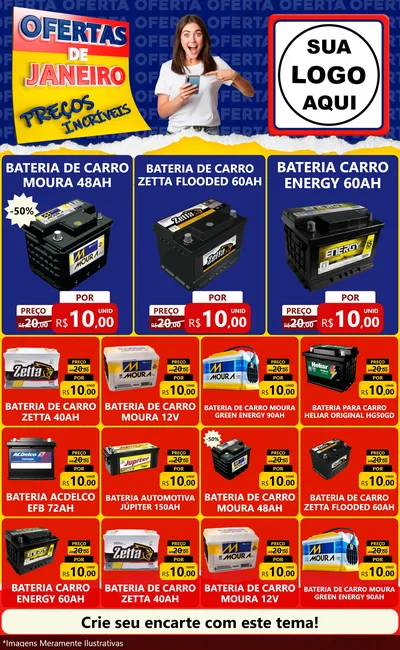 Modelo de Encarte para Encarte Grande com o tema Ofertas de Janeiro - Preços Incríveis para Baterias Elétricas