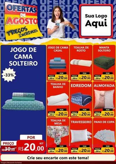 Modelo de Encarte para Encarte A4 Vertical com o tema Ofertas de Agosto - Preços Incríveis para Cama, Mesa e Banho