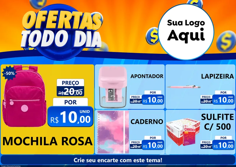Modelo de Encarte para Encarte A4 Horizontal com o tema Ofertas Todo Dia para Papelaria