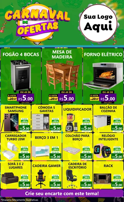 Modelo de Encarte para Encarte Grande com o tema Carnaval de Ofertas para Móveis e Eletro