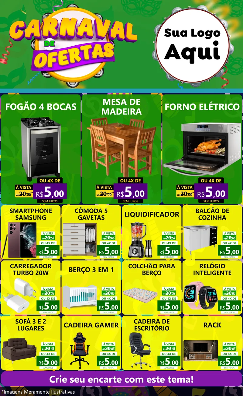 Modelo de Encarte para Encarte Grande com o tema Carnaval de Ofertas para Móveis e Eletro