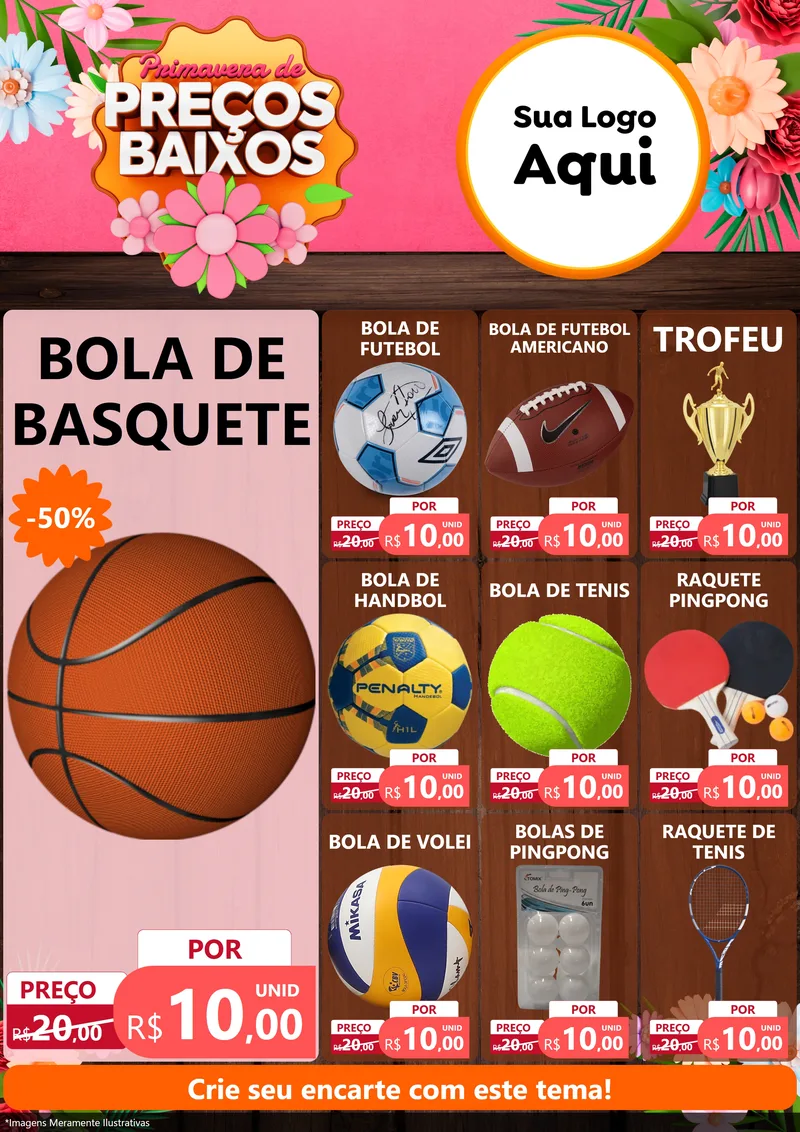 Modelo de Encarte para Encarte A4 Vertical com o tema Primavera de Preços Baixos para Artigos Esportivos