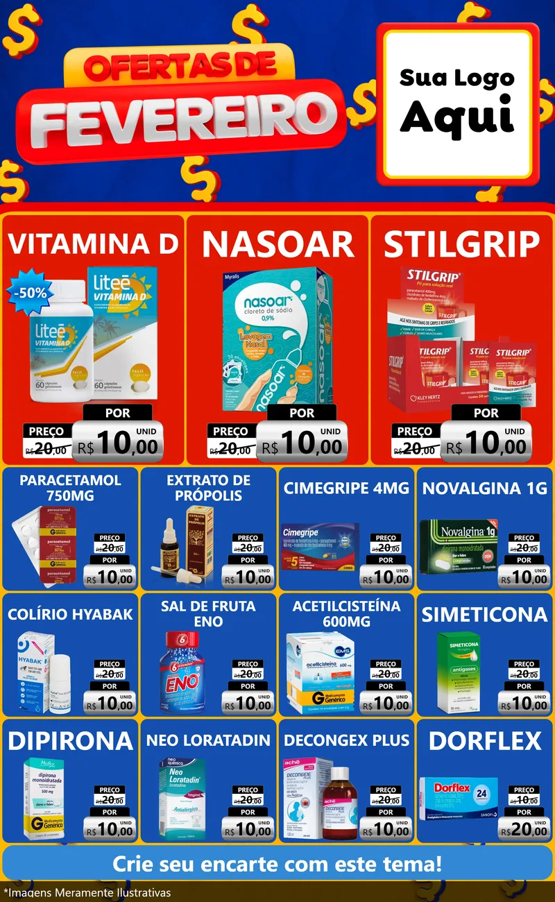 Modelo de Encarte para Encarte Grande com o tema Ofertas de Fevereiro para Farmácia