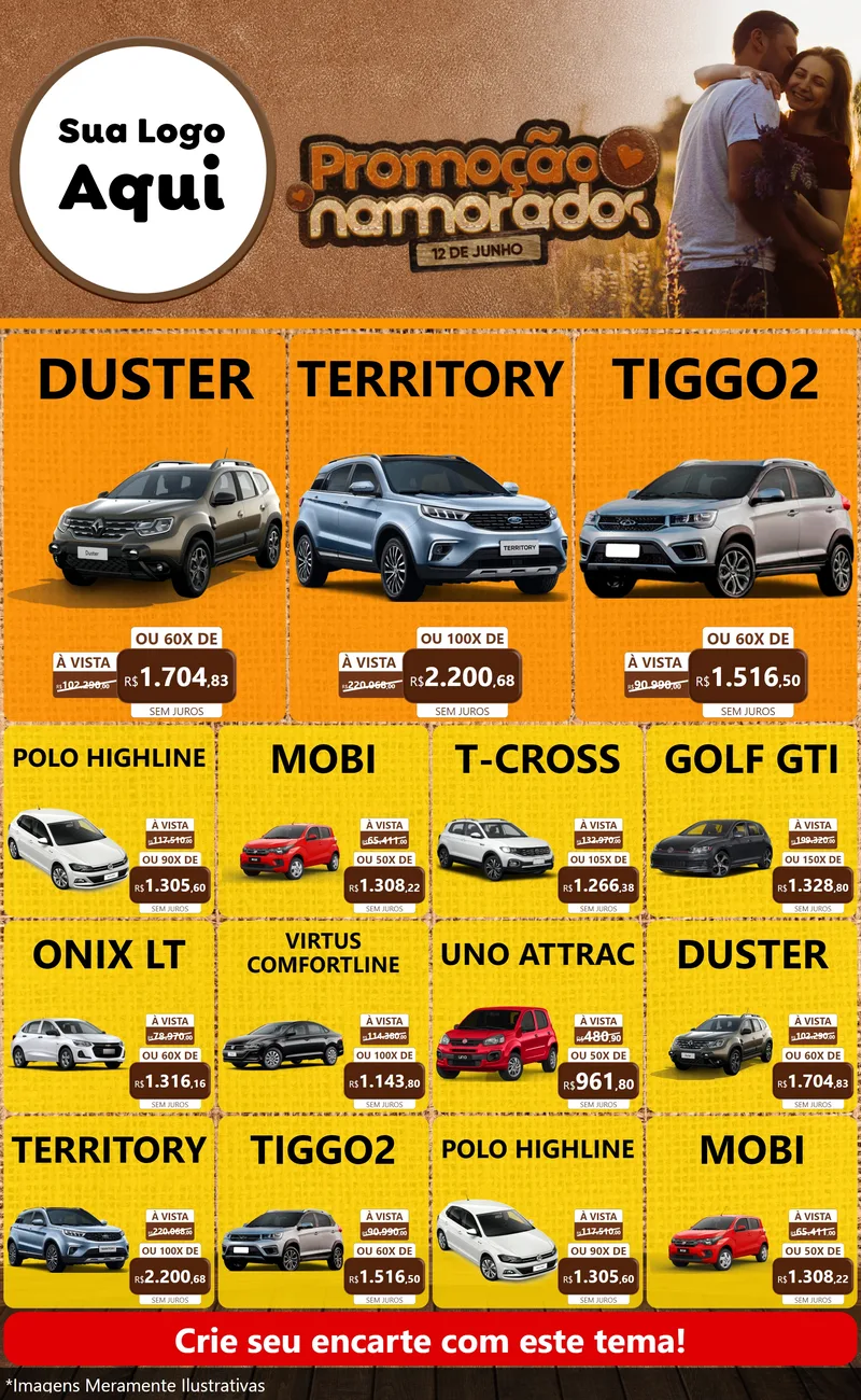 Modelo de Encarte para Encarte Grande com o tema Promoção Namorados para Concessionaria de Carros