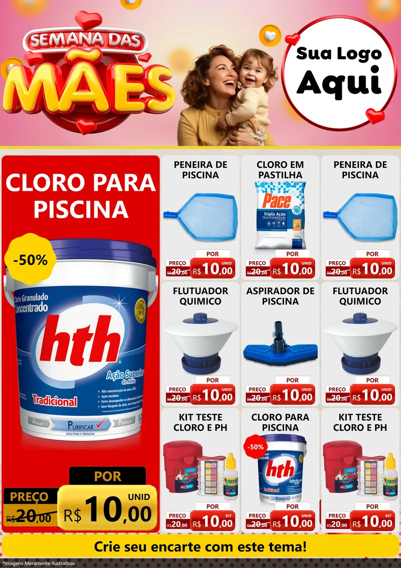 Modelo de Encarte para Encarte A4 Vertical com o tema Semana das Mães para Produtos para Piscina