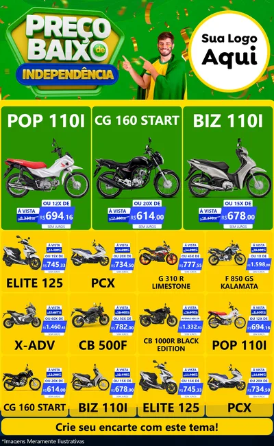 Modelo de Encarte para Encarte Grande com o tema Preço Baixo de Independência para Concessionaria de Motos