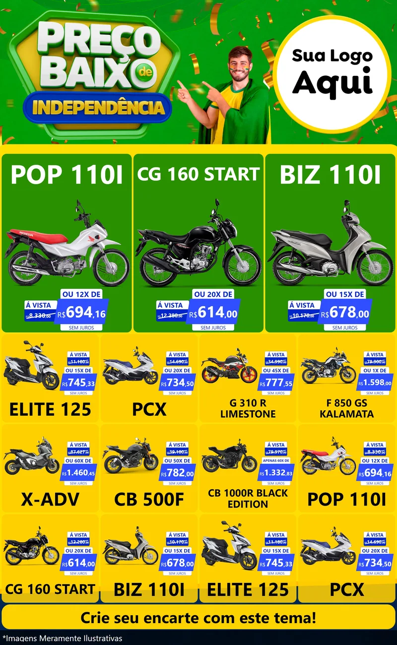 Modelo de Encarte para Encarte Grande com o tema Preço Baixo de Independência para Concessionaria de Motos