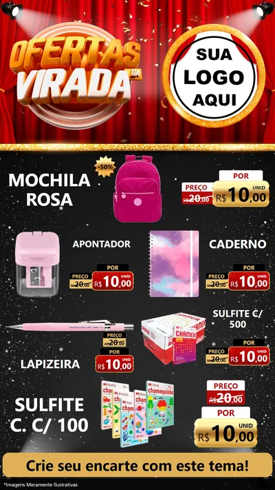 Modelo de TV para TV Vertical com o tema Ofertas da Virada para Papelaria