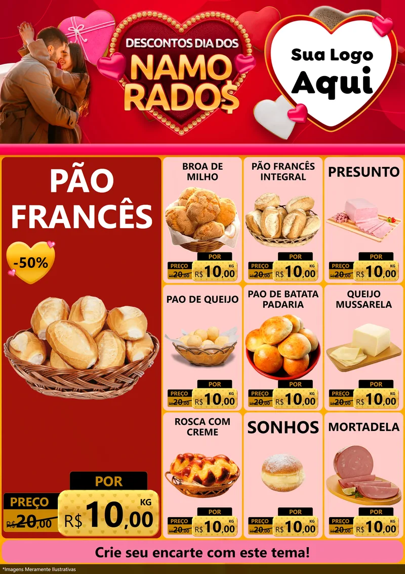 Modelo de Encarte para Encarte A4 Vertical com o tema Descontos Dia dos Namorados para Padaria