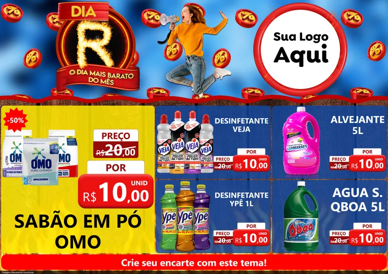 Modelo de Encarte para Encarte A4 Horizontal com o tema Dia R - O Dia Mais Barato Do Mês para Produtos de Limpeza