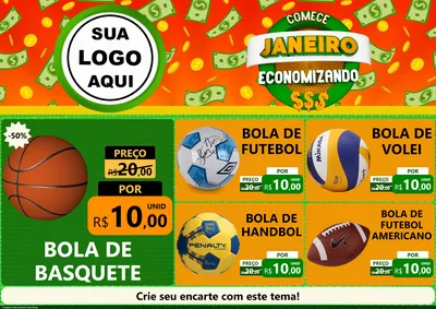 Modelo de Encarte para Encarte A4 Horizontal com o tema Comece Janeiro Economizando para Artigos Esportivos