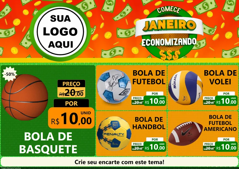 Modelo de Encarte para Encarte A4 Horizontal com o tema Comece Janeiro Economizando para Artigos Esportivos