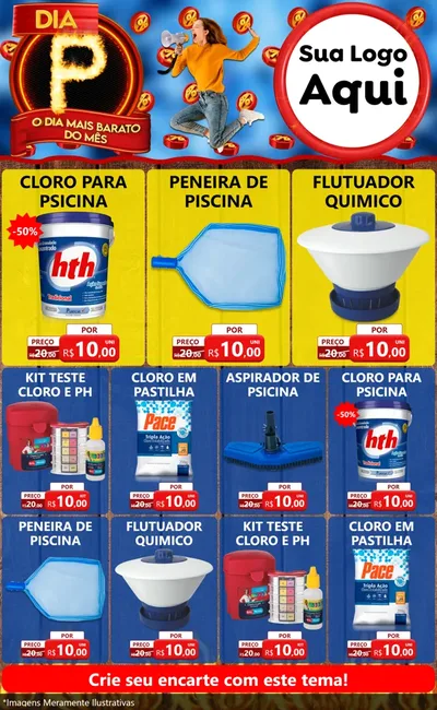 Modelo de Encarte para Encarte Grande com o tema Dia P - O Dia Mais Barato Do Mês para Produtos para Piscina