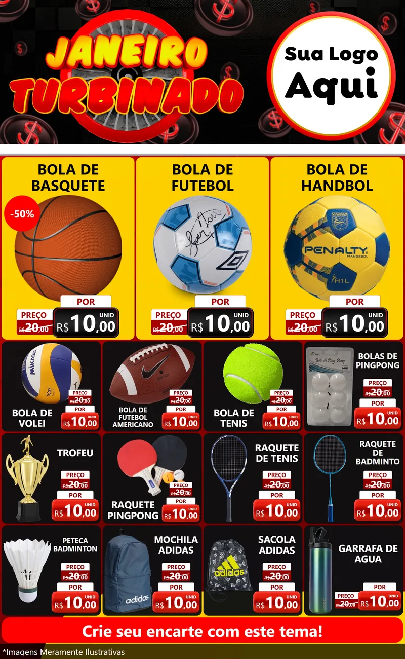 Modelo de Encarte para Encarte Grande com o tema Janeiro Turbinado para Artigos Esportivos