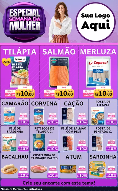 Modelo de Encarte para Encarte Grande com o tema Especial Semana da Mulher para Peixaria