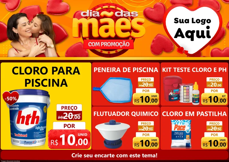 Modelo de Encarte para Encarte A4 Horizontal com o tema Dia das Mães com Promoção para Produtos para Piscina
