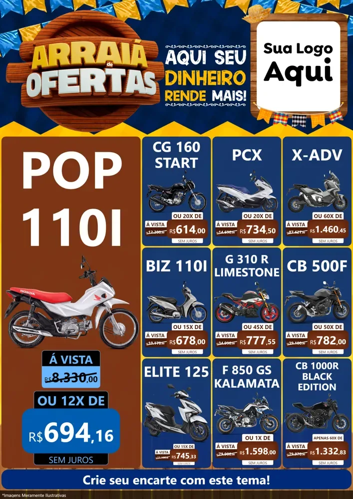 Modelo de Encarte para Encarte A4 Vertical com o tema Arraiá de Ofertas - Junina para Concessionaria de Motos