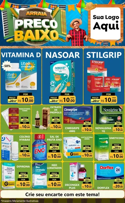 Modelo de Encarte para Encarte Grande com o tema Arraiá de Preço Baixo - Junina para Farmácia