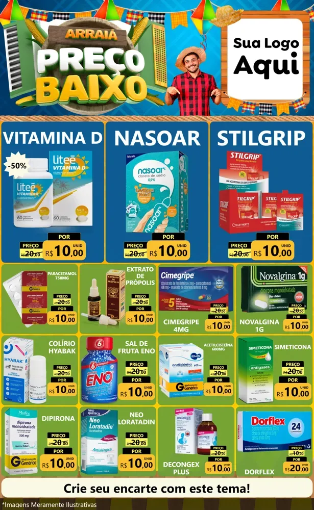 Modelo de Encarte para Encarte Grande com o tema Arraiá de Preço Baixo - Junina para Farmácia