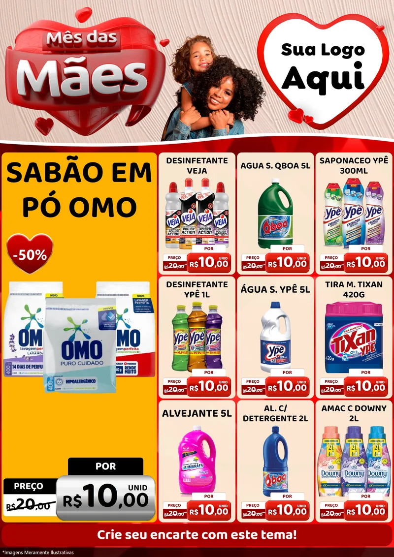 Modelo de Encarte para Encarte A4 Vertical com o tema Mês das Mães para Produtos de Limpeza