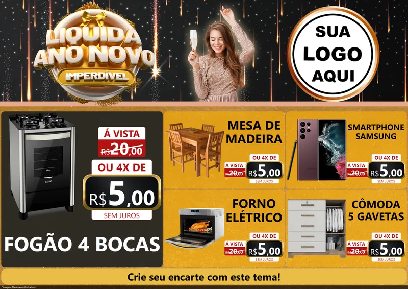 Modelo de Encarte para Encarte A4 Horizontal com o tema Liquida Ano Novo Imperdível para Móveis e Eletro