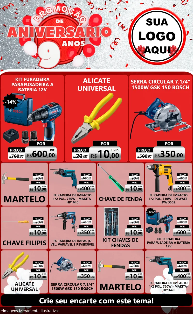Modelo de Encarte para Encarte Grande com o tema Promoção de Aniversário - 9 Anos para Maquinas e Ferramentas