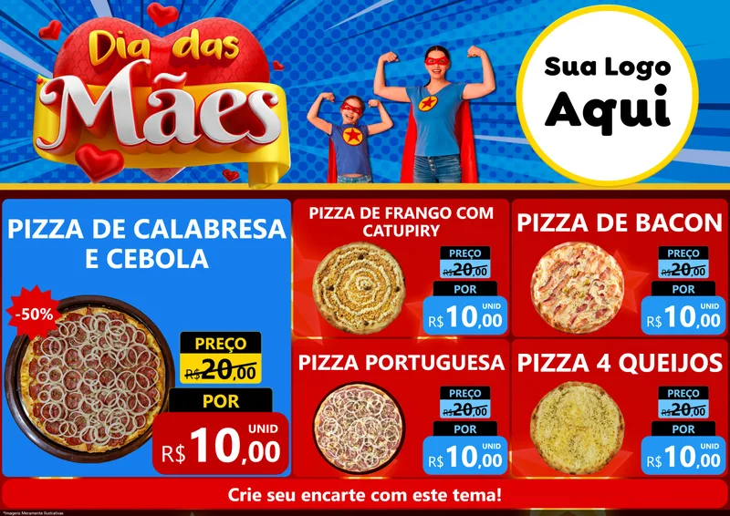 Modelo de Encarte para Encarte A4 Horizontal com o tema Dia das Mães para Pizzaria