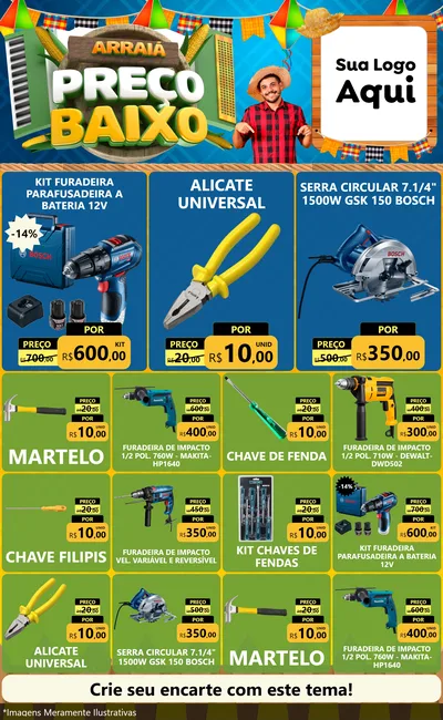 Modelo de Encarte para Encarte Grande com o tema Arraiá de Preço Baixo - Junina para Maquinas e Ferramentas
