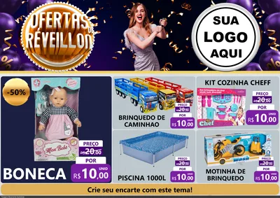 Modelo de Encarte para Encarte A4 Horizontal com o tema Ofertas de Réveillon para Brinquedos