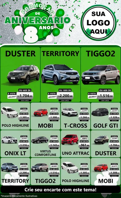 Modelo de Encarte para Encarte Grande com o tema Promoção de Aniversário - 8 Anos para Concessionaria de Carros
