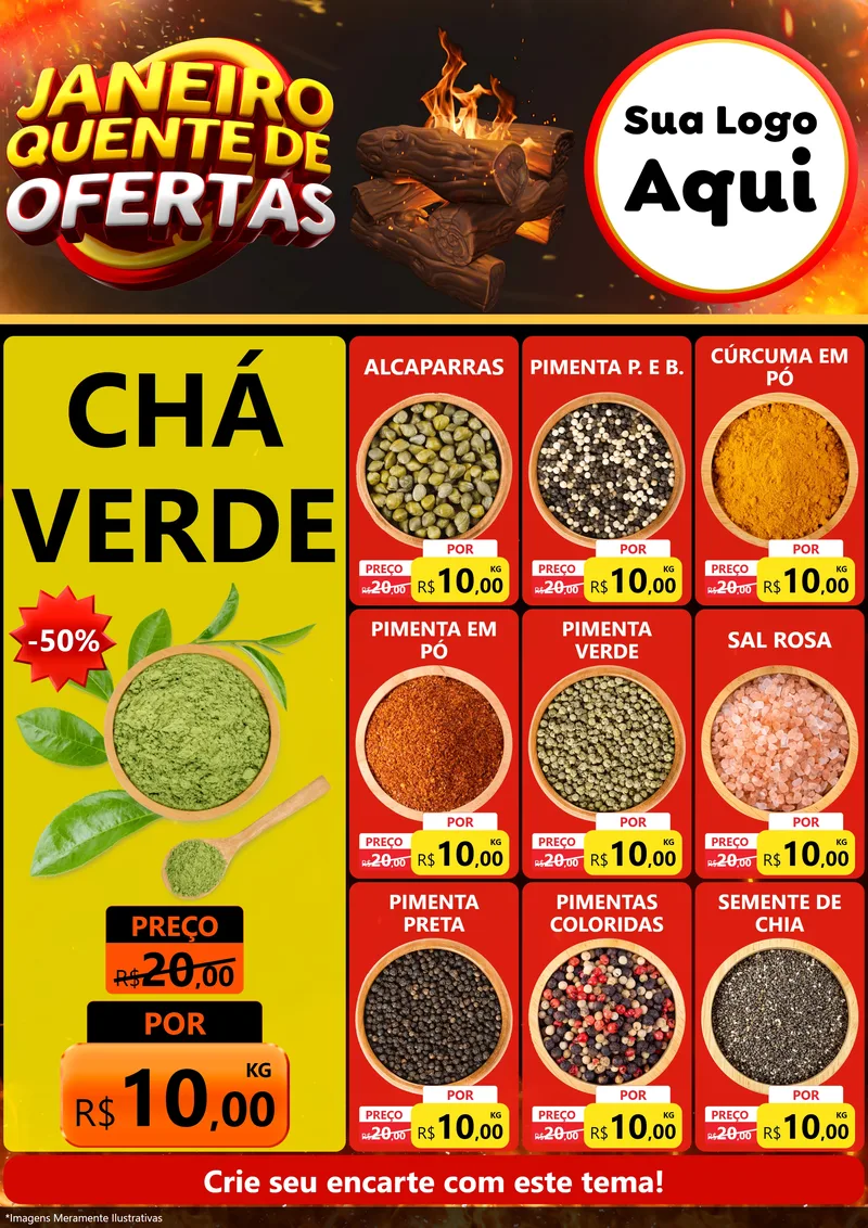 Modelo de Encarte para Encarte A4 Vertical com o tema Janeiro Quente de Ofertas para Produtos Naturais