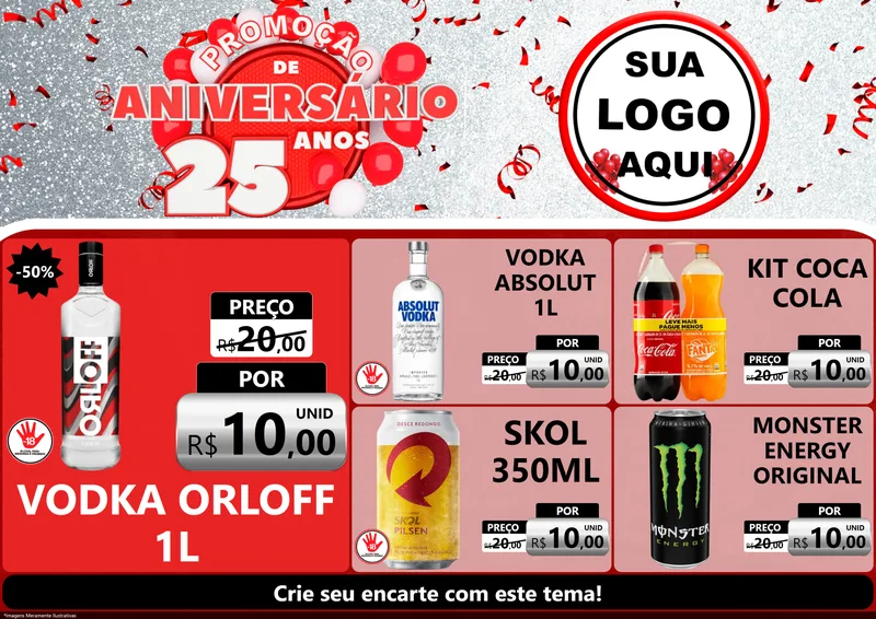 Modelo de Encarte para Encarte A4 Horizontal com o tema Promoção de Aniversário - 25Anos para Distribuidora de bebidas