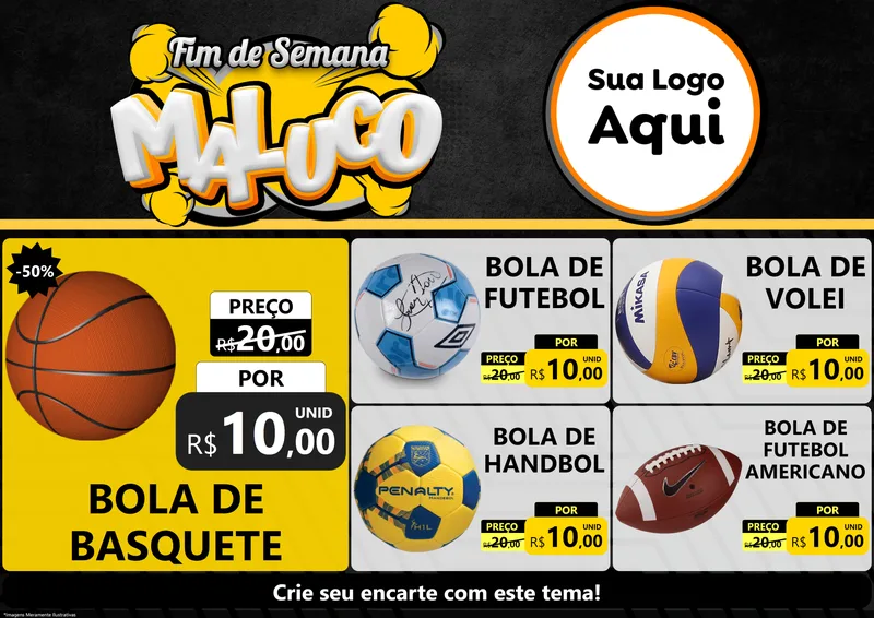 Modelo de Encarte para Encarte A4 Horizontal com o tema Fim de Semana Maluco para Artigos Esportivos