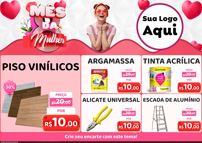 Modelo de Encarte para Encarte A4 Horizontal com o tema Mês da Mulher para Material para Construção
