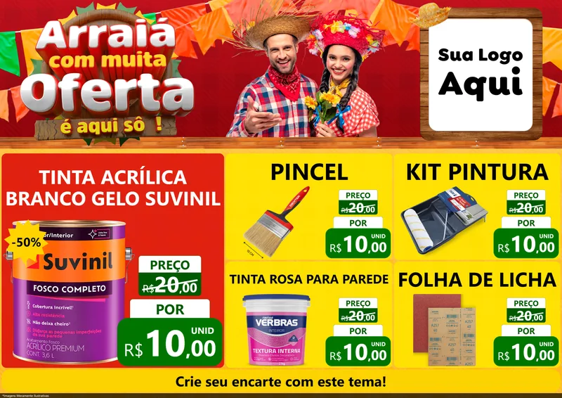 Modelo de Encarte para Encarte A4 Horizontal com o tema Arraiá Com Muita Oferta - É Aqui Sô! para Tintas e Ferramentas