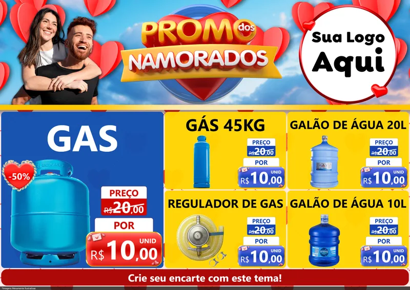 Modelo de Encarte para Encarte A4 Horizontal com o tema Promo dos Namorados para Água e gás