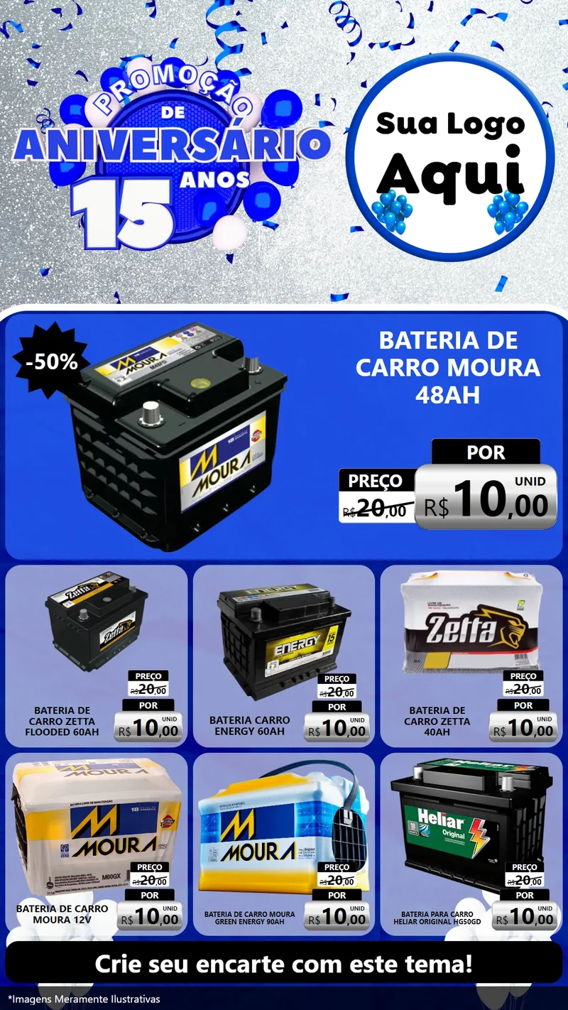 Modelo de Rede Social para Stories com o tema Promoção de Aniversário - 15 Anos para Baterias Elétricas