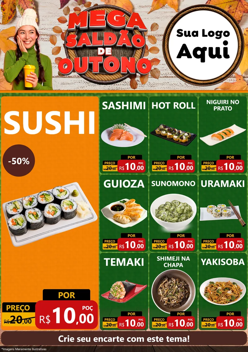 Modelo de Encarte para Encarte A4 Vertical com o tema Mega Saldão de Outono para Comida japonesa