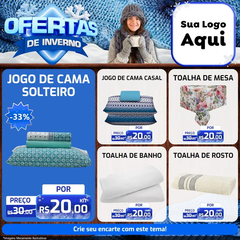 Modelo de Rede Social para Feed Facebook com o tema Ofertas de Inverno para Cama, Mesa e Banho