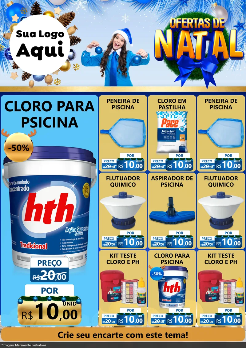 Modelo de Encarte para Encarte A4 Vertical com o tema Ofertas de Natal para Produtos para Piscina