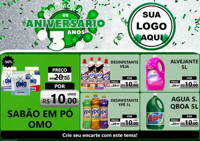 Modelo de Encarte para Encarte A4 Horizontal com o tema Promoção de Aniversário - 3 Anos para Produtos de Limpeza